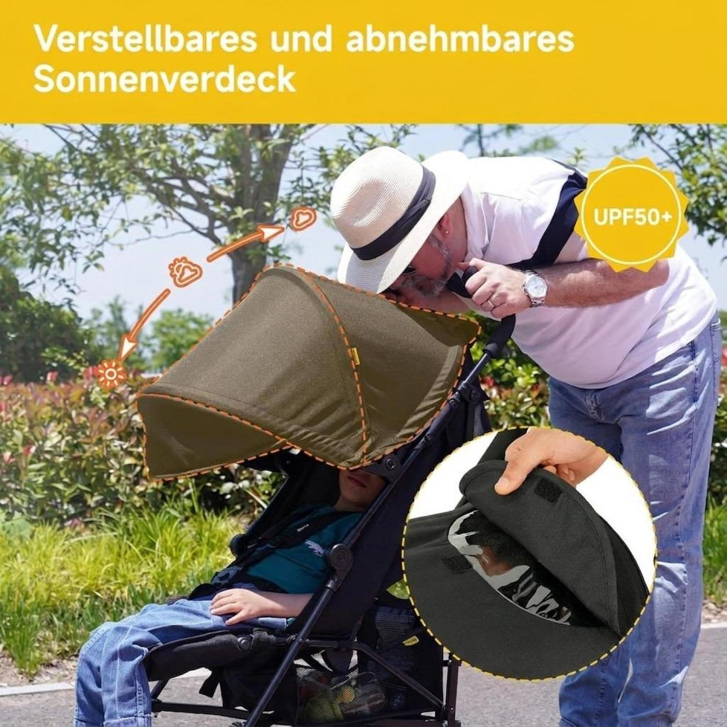 Ein Mann im Hut adjusts the UPF50+ sun canopy on a stroller outdoors.