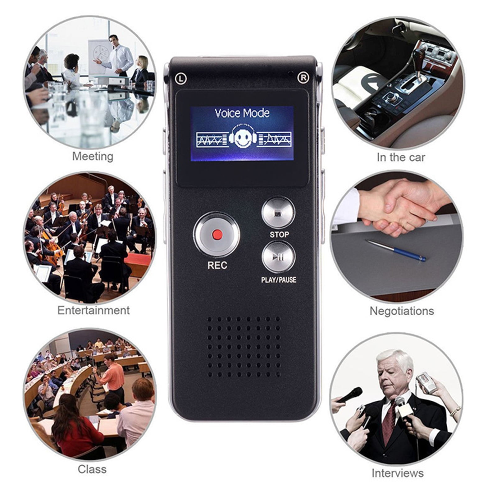 Digitaler Diktiergerät mit Bildschirm und sechs runden Bildern, die verschiedene Nutzungsszenarien wie Meetings und Autos zeigen.