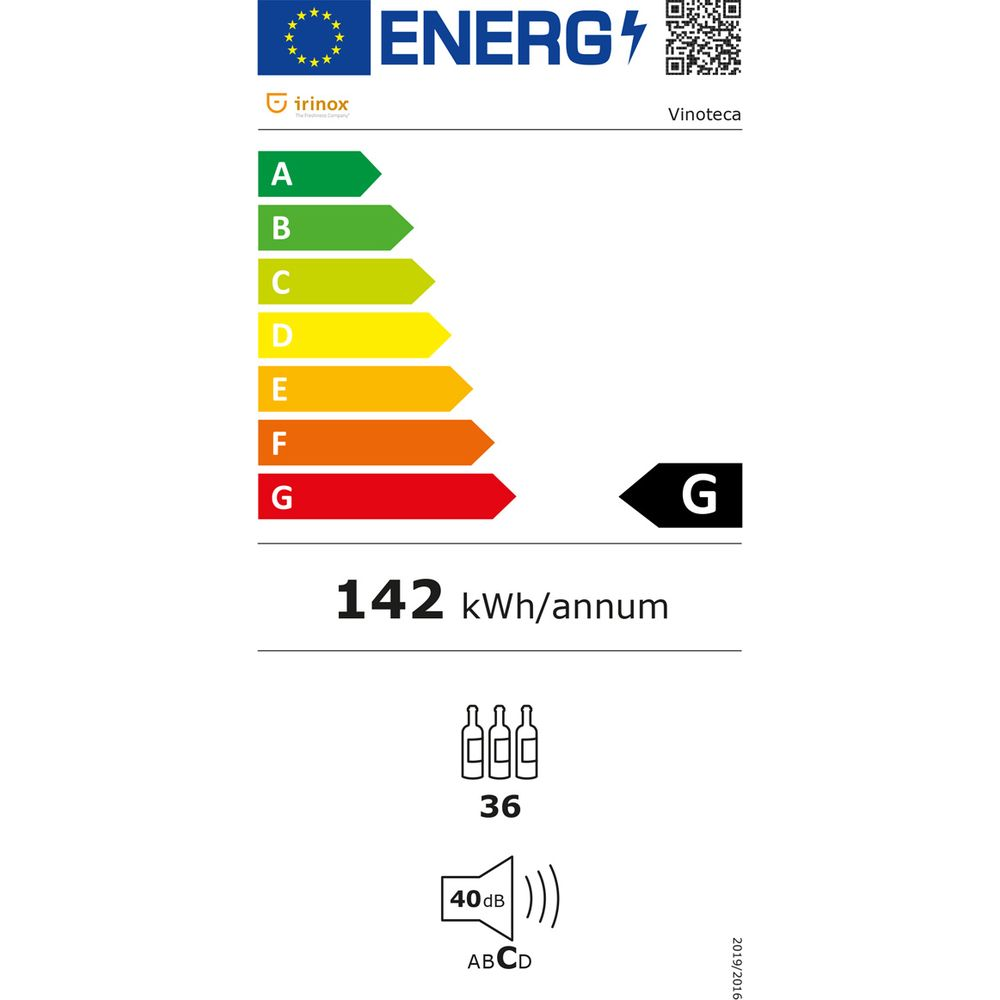 Etichetta energetica per cantinetta con classe G e 142 kWh all'anno.