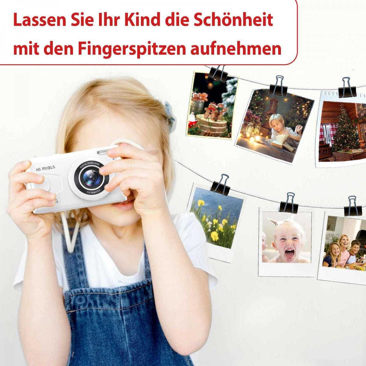 Ein blondes Kind hält eine weiße Spielzeugkamera, umgeben von hängenden Fotos auf einer Schnur.