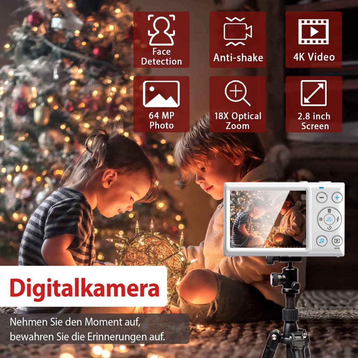 Zwei Kinder halten eine Lichterkette vor einem Weihnachtsbaum, aufgenommen mit einer Digitalkamera auf einem Stativ.