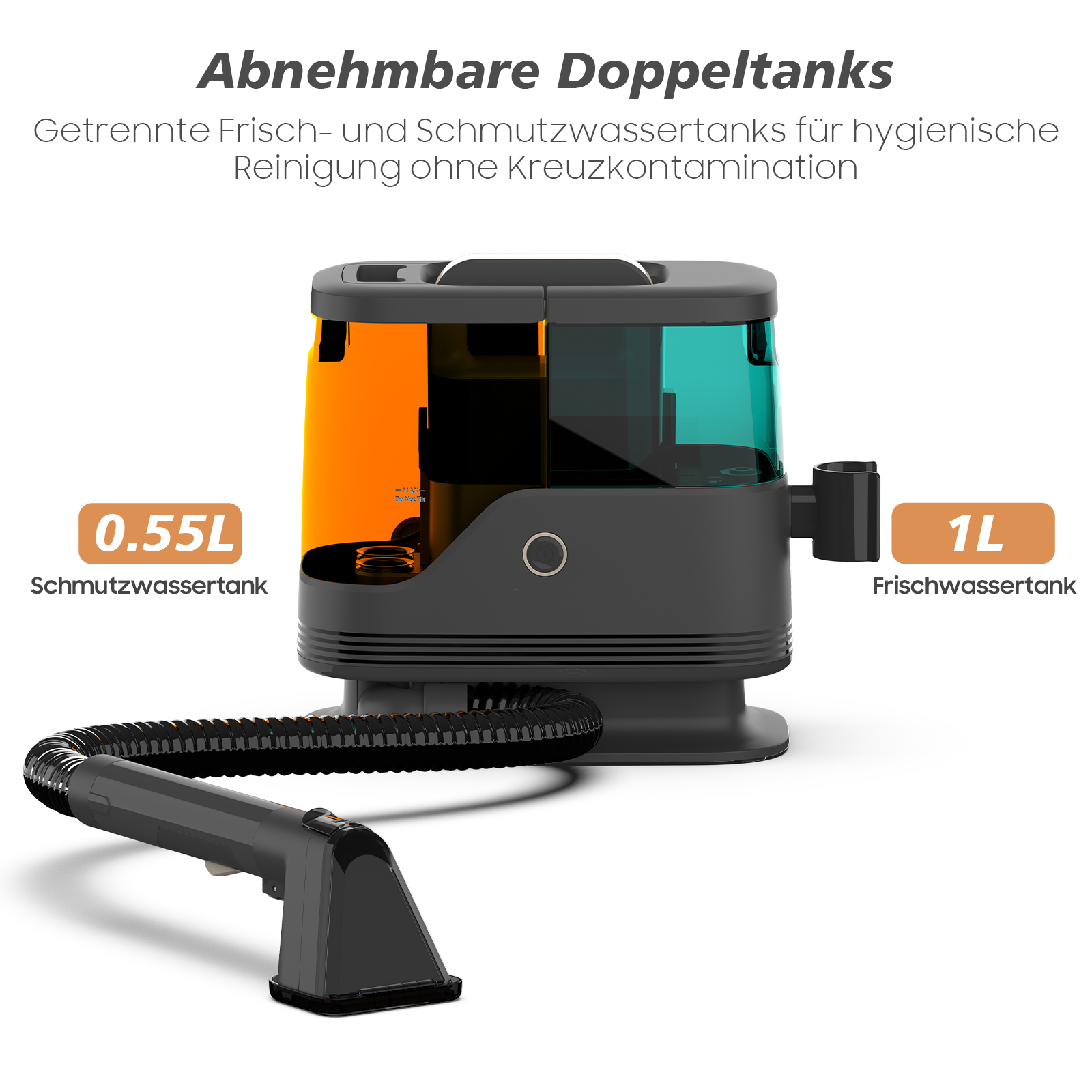 Ein Vakuumgerät mit orangem Schmutzwassertank und blauem Frischwassertank sowie einem Saugschlauch.