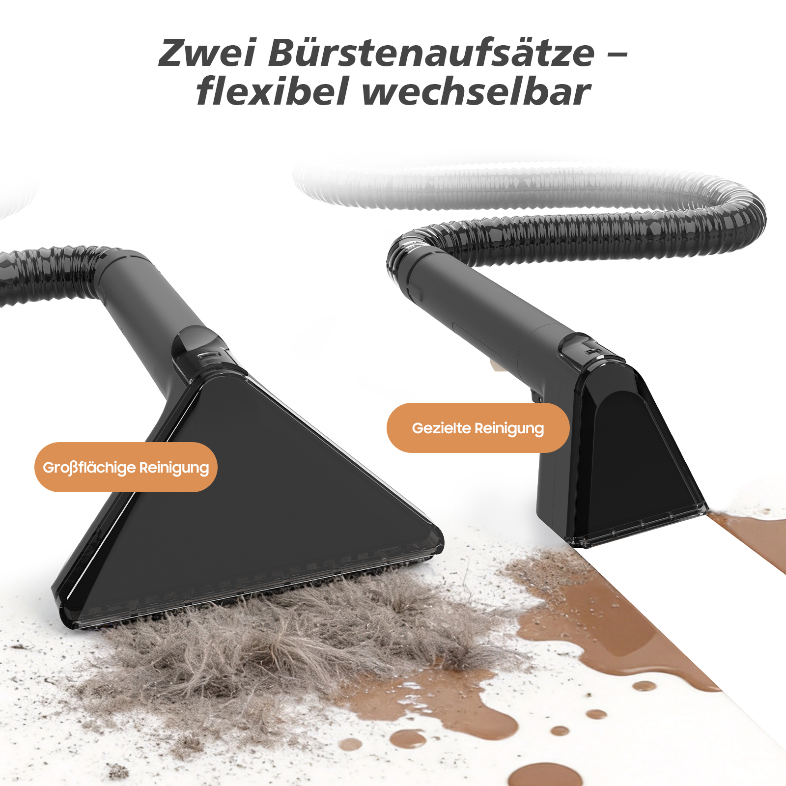 Zwei schwarze Staubsaugeraufsätze für große Flächen und gezielte Reinigung.