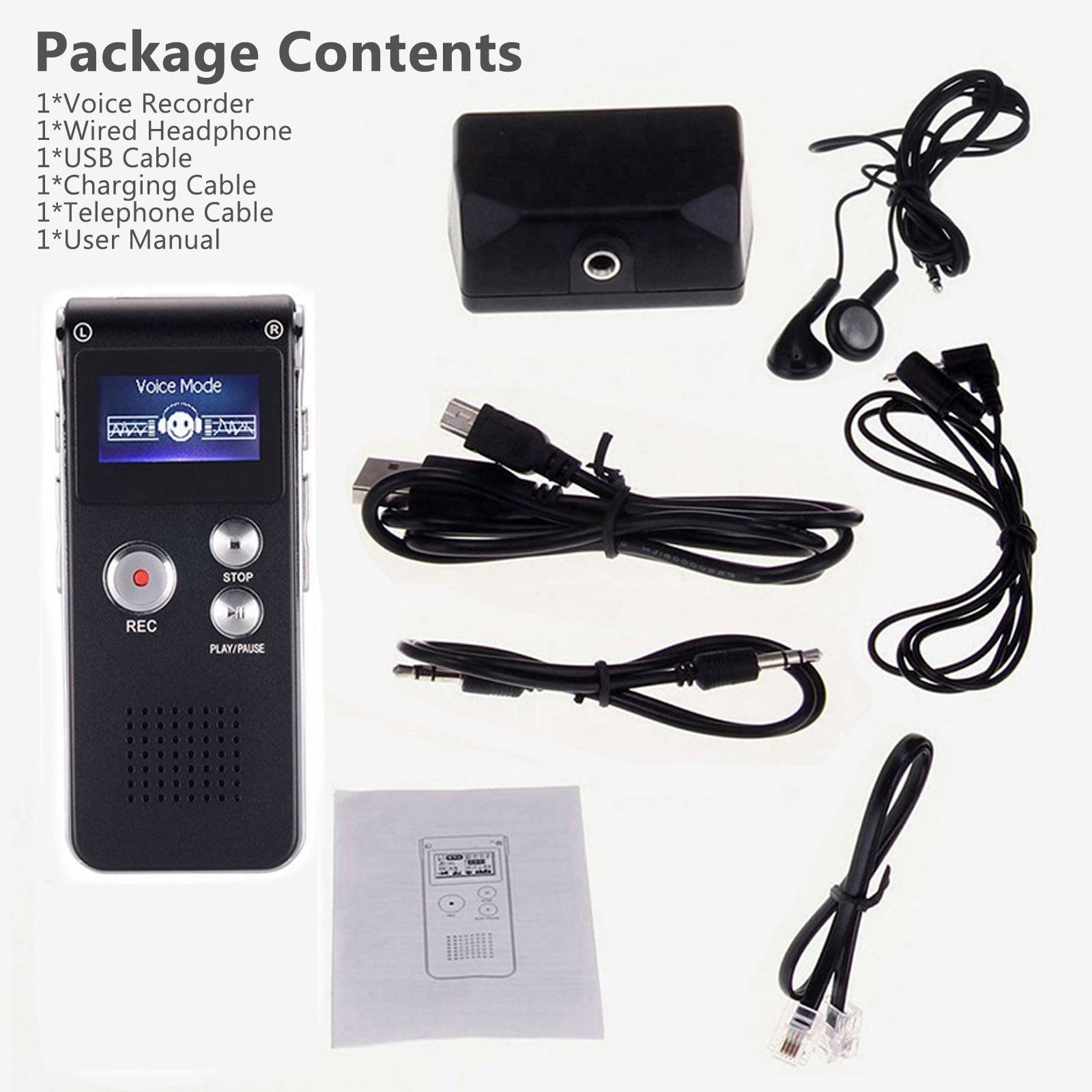 Packungsinhalt eines Diktiergeräts, Kopfhörers, USB-Kabels, Ladekabels, Telefonkabels und Handbuchs.