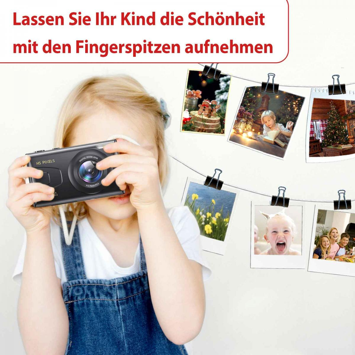 Ein Kind in Latzhose fotografiert mit einer schwarzen Digitalkamera vor einer Fotoleine.