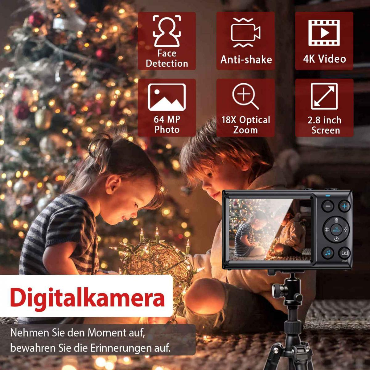 Digitalkamera auf Stativ mit Kindern vor geschmücktem Weihnachtsbaum und Feature-Icons.