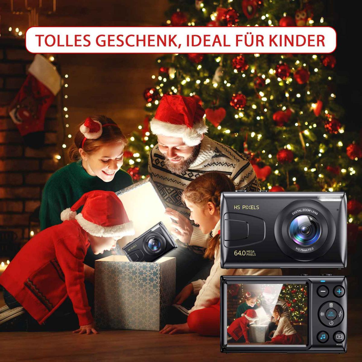 Eine Familie betrachtet begeistert eine Kinderkamera in einer Geschenkbox vor einem Weihnachtsbaum.