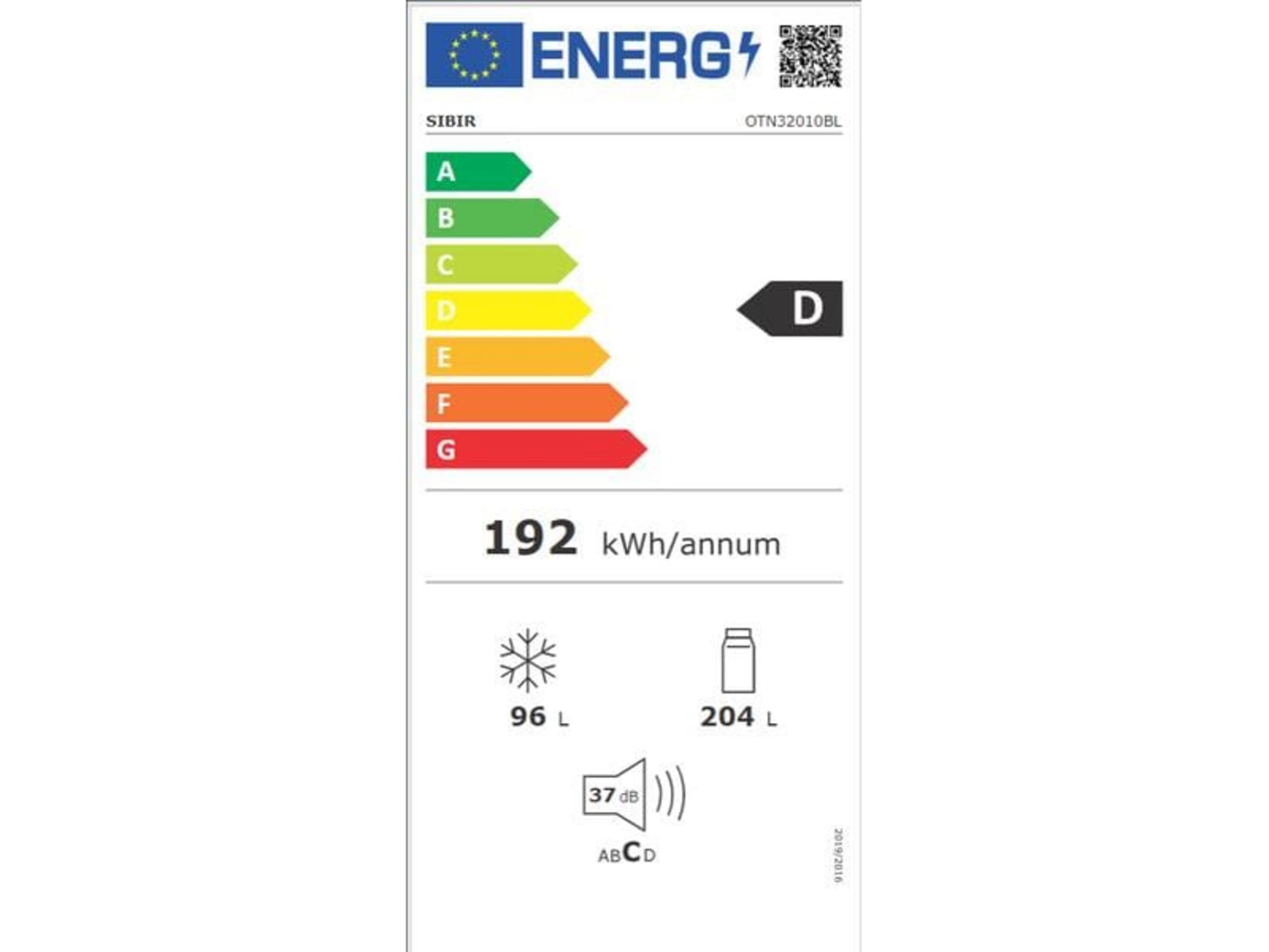 Etichetta energetica D per Sibir OTN32010BL con 192 kWh/anno, freezer 96L, frigo 204L e 37 dB.