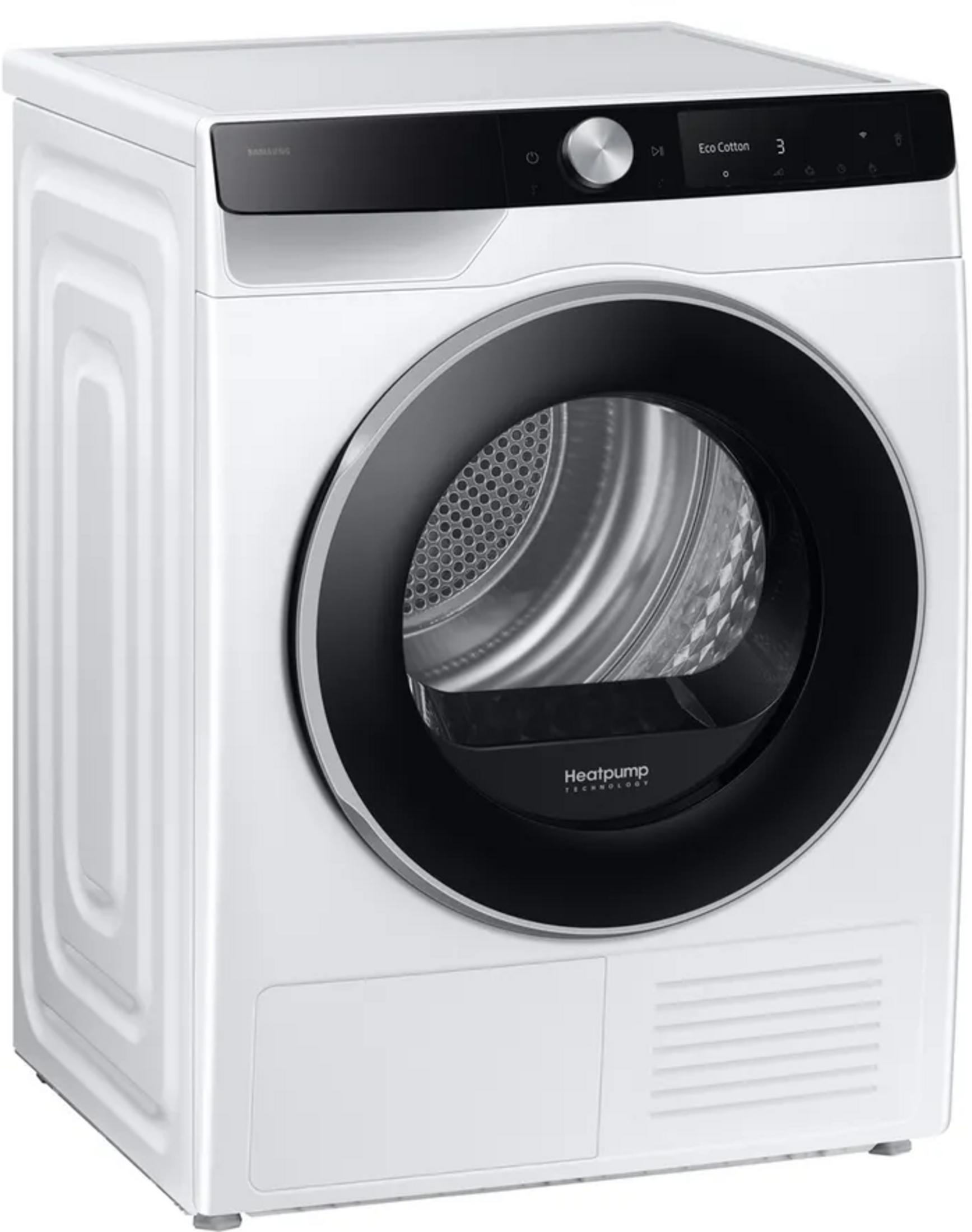Sèche-linge blanc moderne avec panneau de commande noir et porte vitrée ronde.