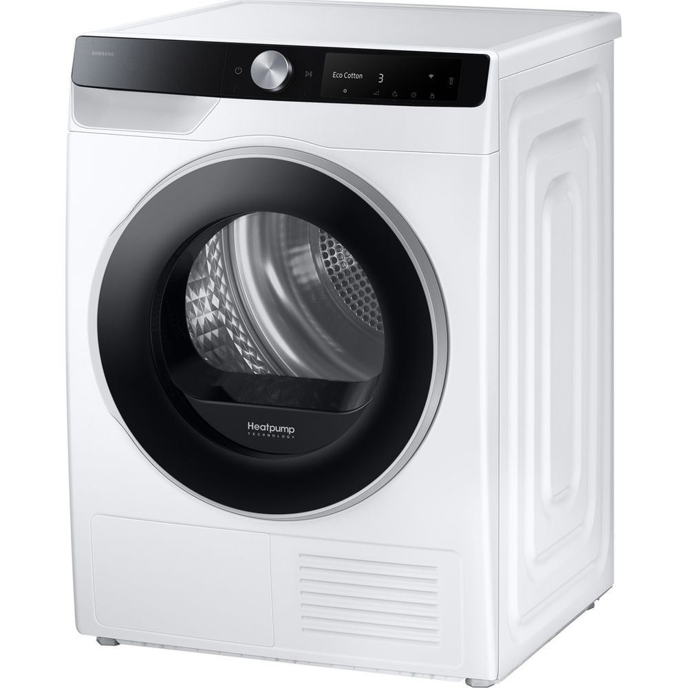 Un sèche-linge blanc Samsung avec panneau de commande noir et porte vitrée ronde sur fond blanc.