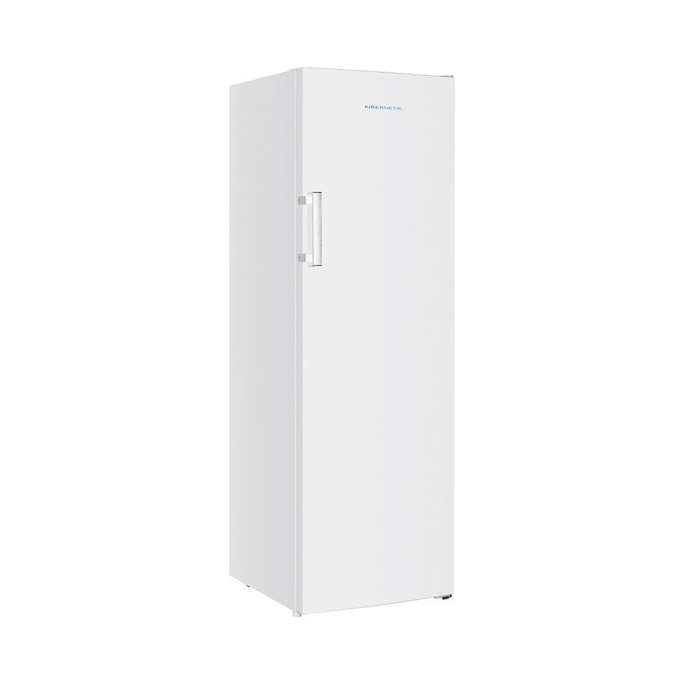 Un frigorifero verticale bianco con una sola porta e maniglia in metallo su sfondo neutro.