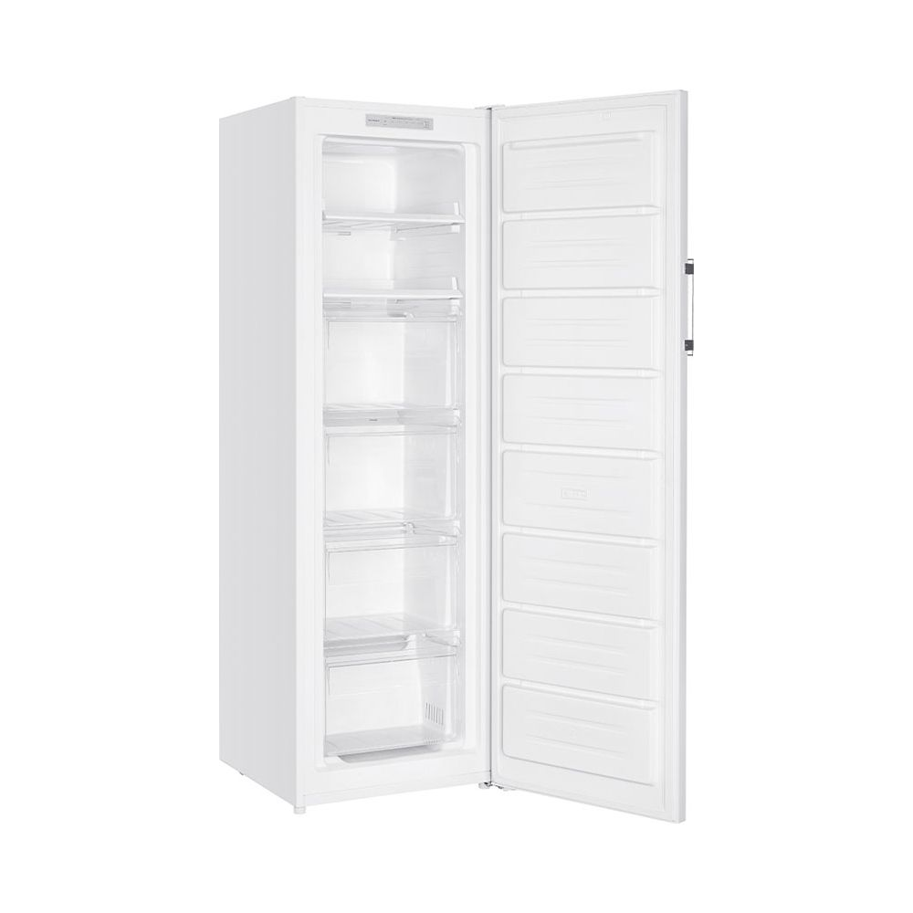 Un congelatore verticale bianco con la porta aperta, che mostra diversi cassetti e scomparti trasparenti all'interno.