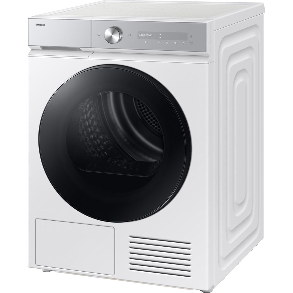 Un sèche-linge blanc Samsung moderne avec porte noire et panneau de commande numérique.
