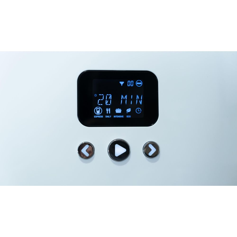Un pannello di controllo bianco con display digitale nero mostra 20 min, con tre pulsanti rotondi.