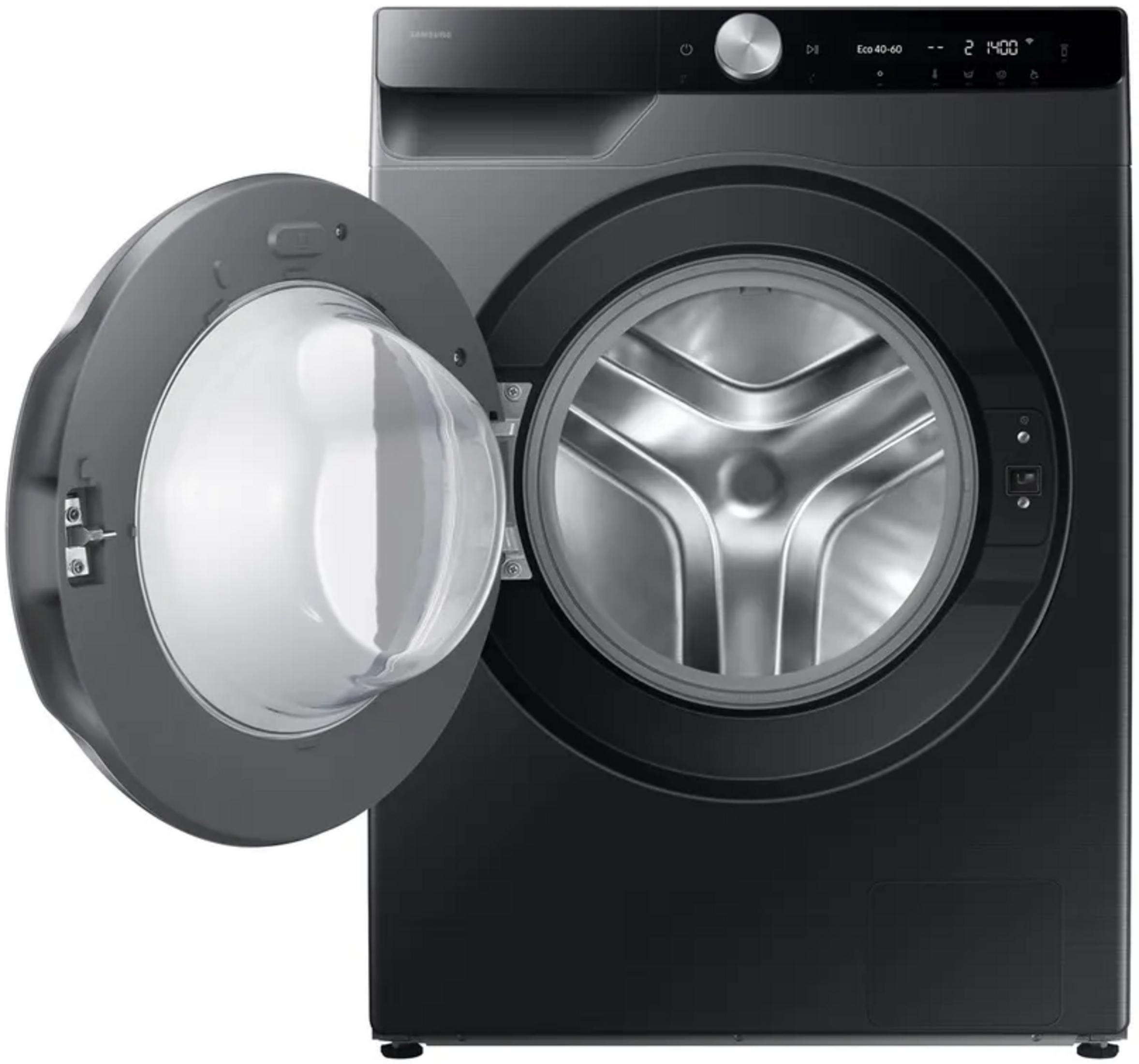 Lave-linge hublot noir avec porte ouverte montrant un tambour brillant.
