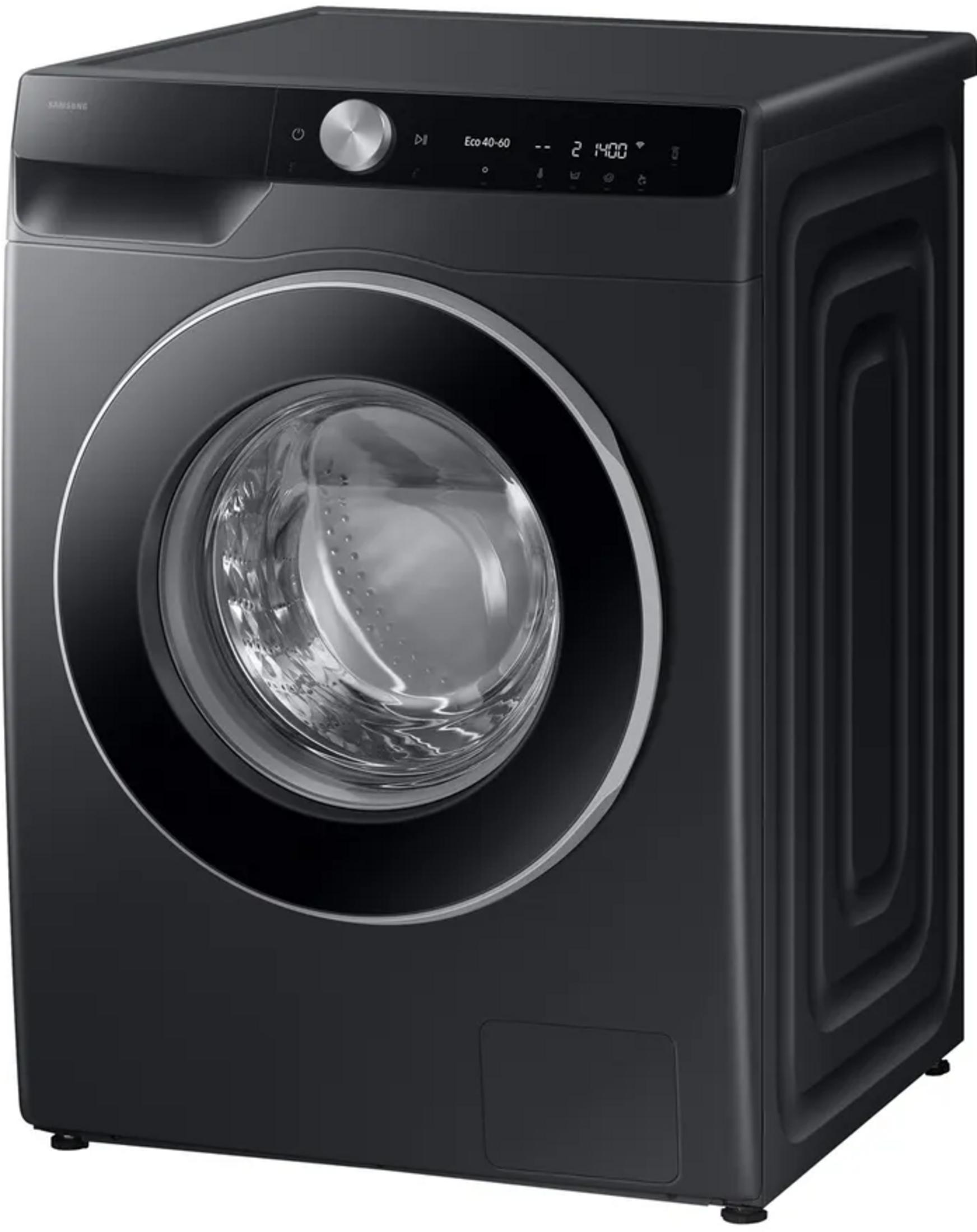 Lave-linge hublot noir moderne avec écran numérique et sélecteur argenté sur fond blanc.