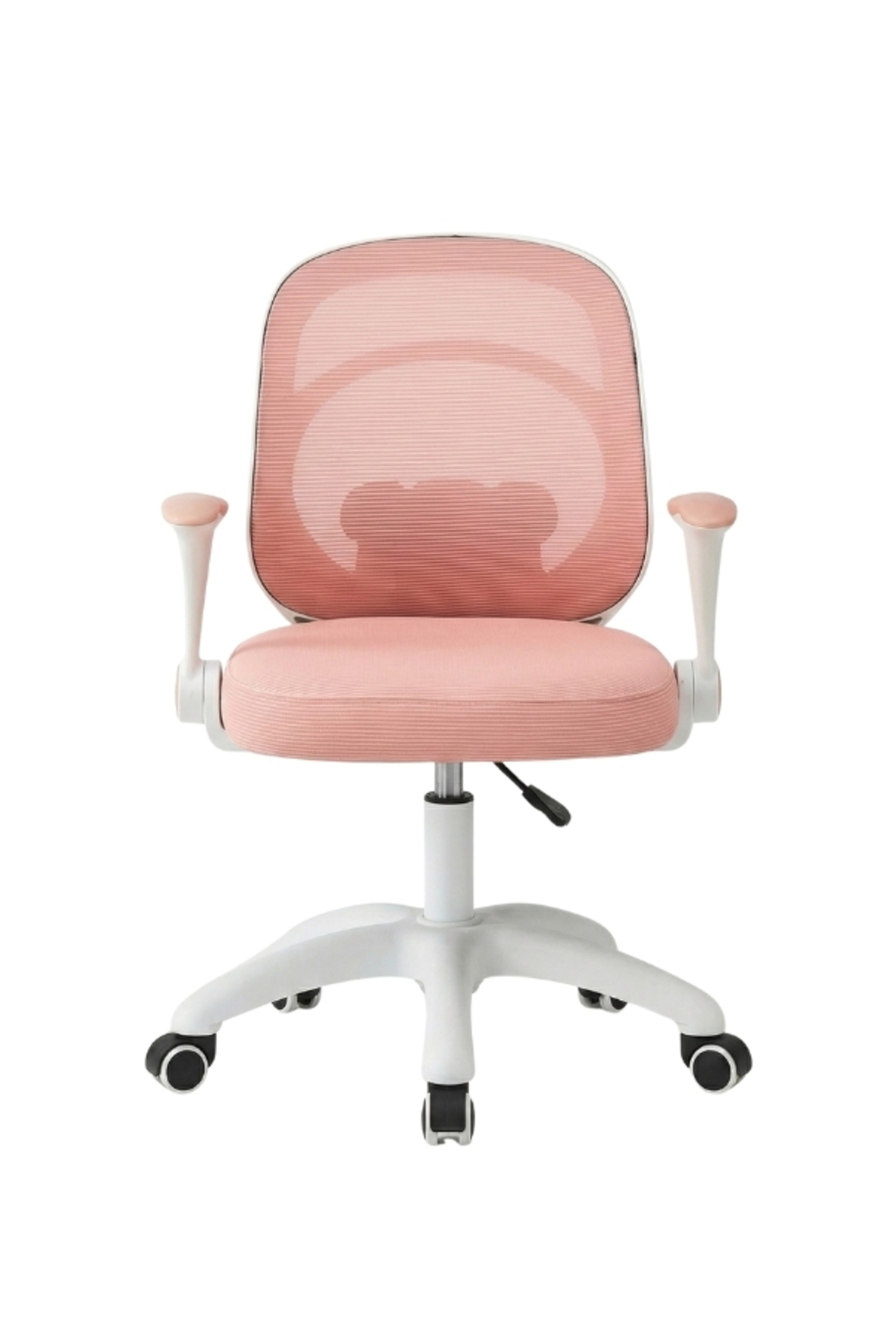 Beyaz arkaplanda, file sırtlıklara, ayarlanabilir kolçaklara ve tekerleklere sahip pembe ve beyaz ergonomik ofis koltuğu.