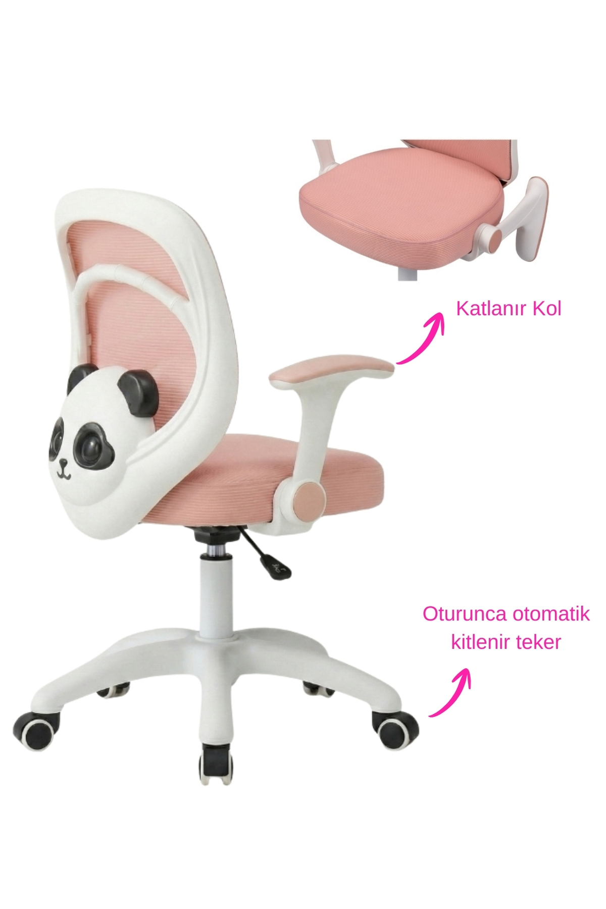 Panda motifli, katlanır kollu ve oturunca kilitlenen tekerlekli pembe beyaz çocuk çalışma koltuğu.