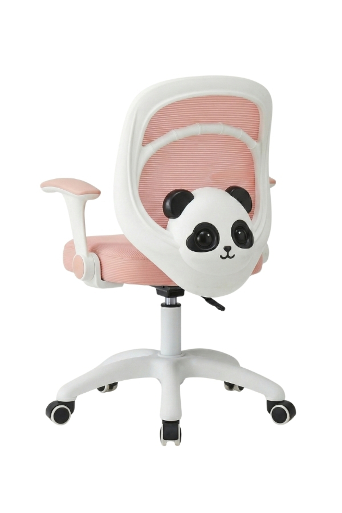 Sırtlığında panda deseni olan pembe ve beyaz çocuk çalışma sandalyesi, beyaz tekerlekli ayak üzerinde.