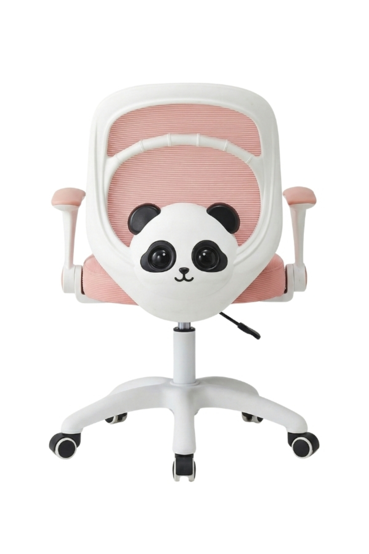 Sırtında sevimli bir panda yüzü olan beyaz ve pembe çocuk ofis koltuğu, tekerlekli.