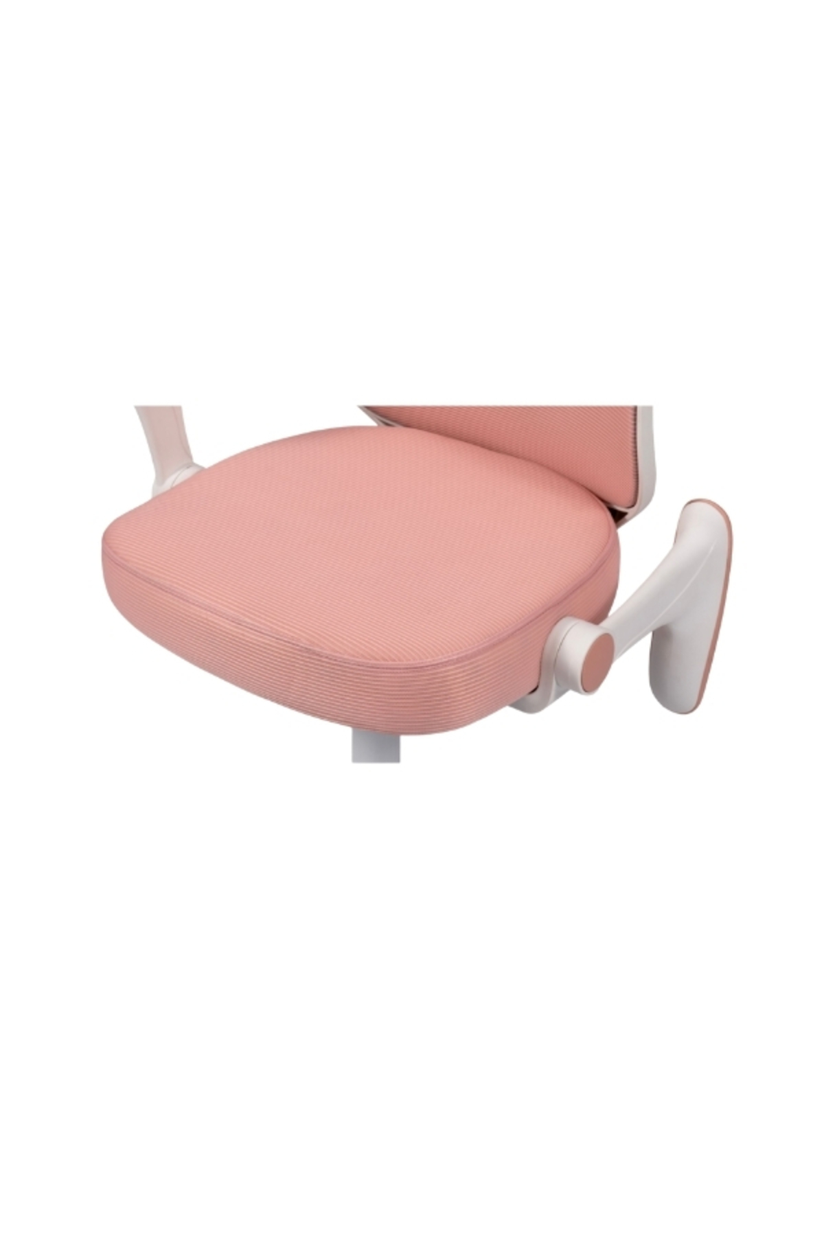 Beyaz arka planda beyaz iskeletli ve kolluklu pembe ergonomik ofis sandalyesi oturma yeri.