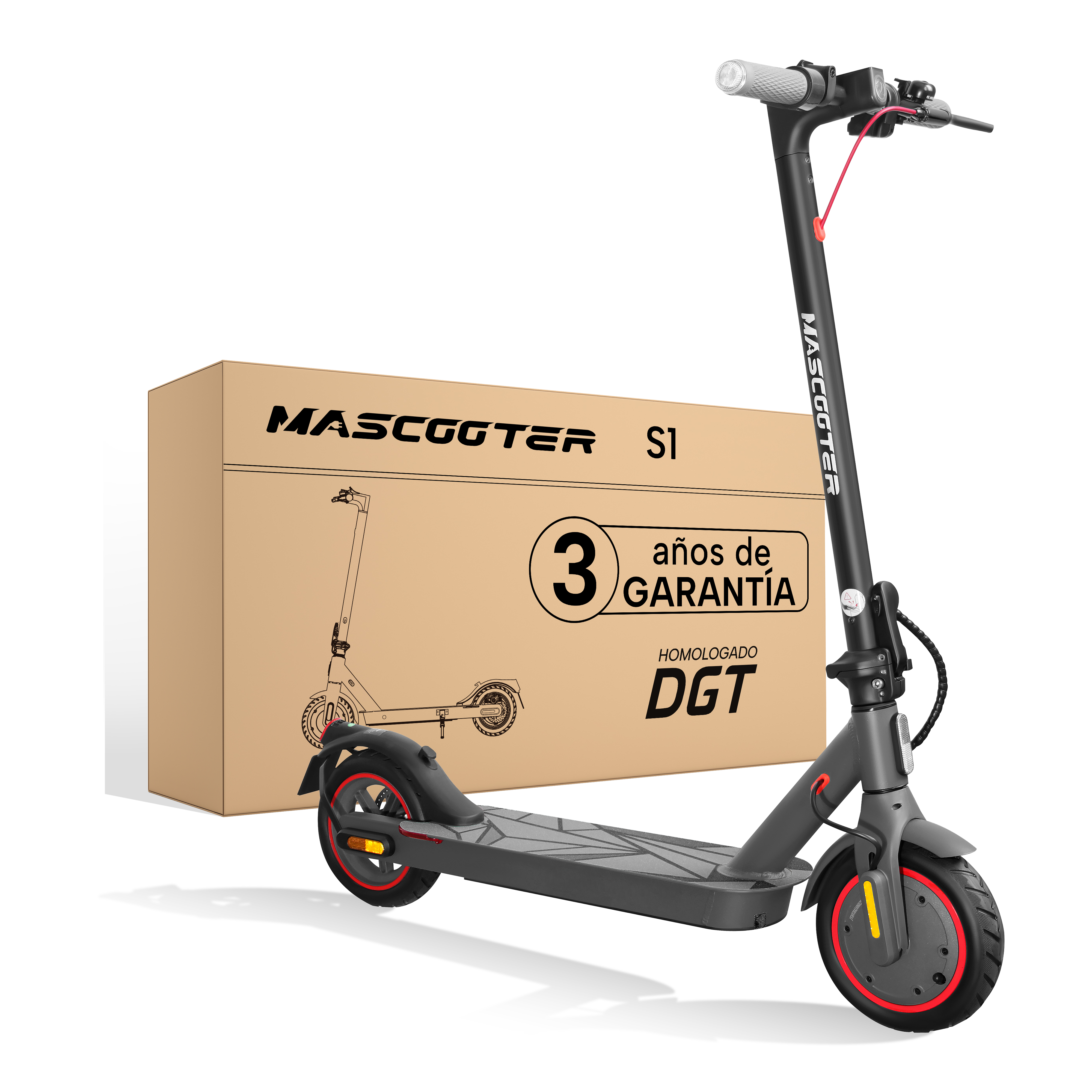 Un patinete eléctrico negro frente a una caja de cartón marrón con marca de producto sobre fondo blanco.