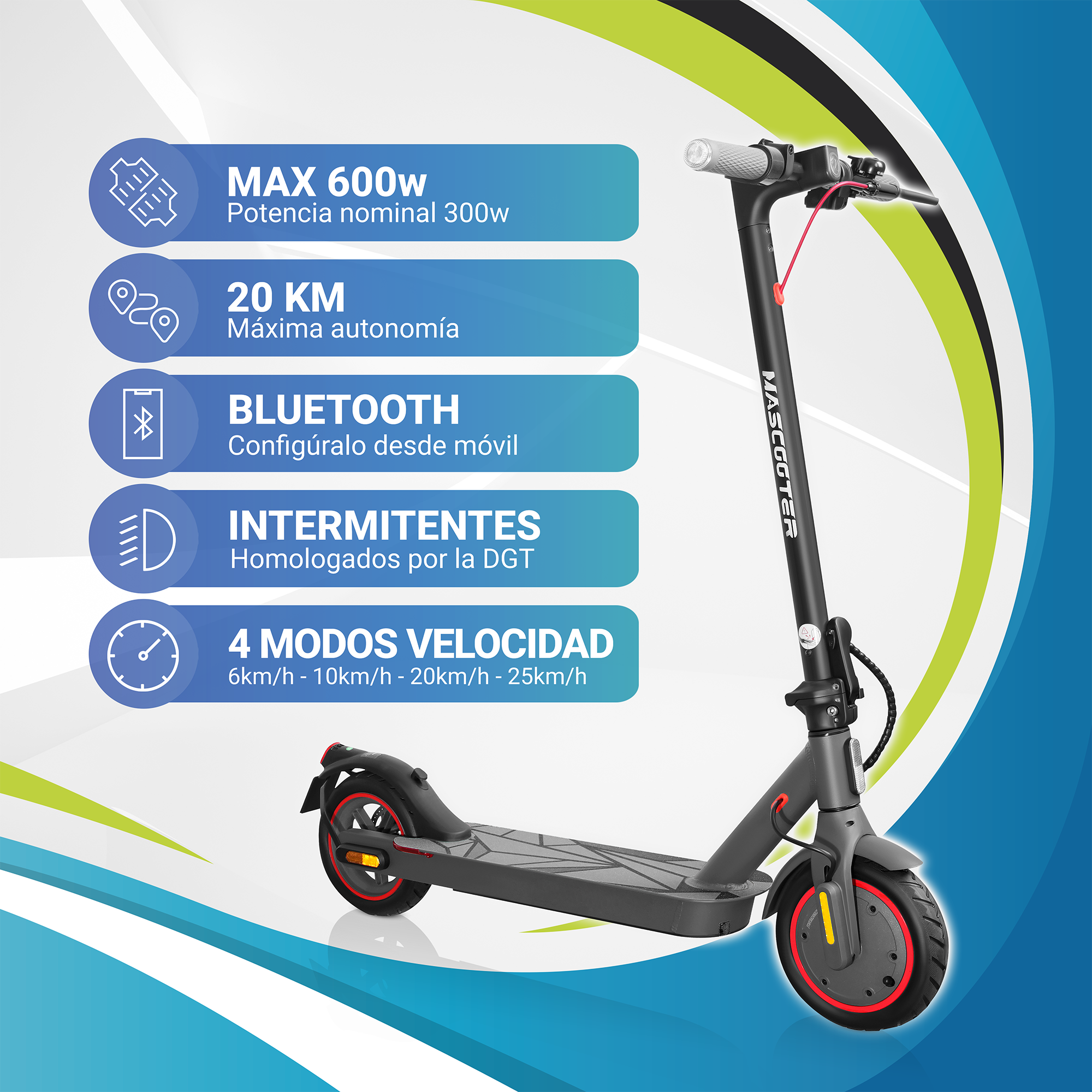 Patinete eléctrico negro con detalles rojos en las ruedas y carteles azules informativos sobre fondo blanco y azul.