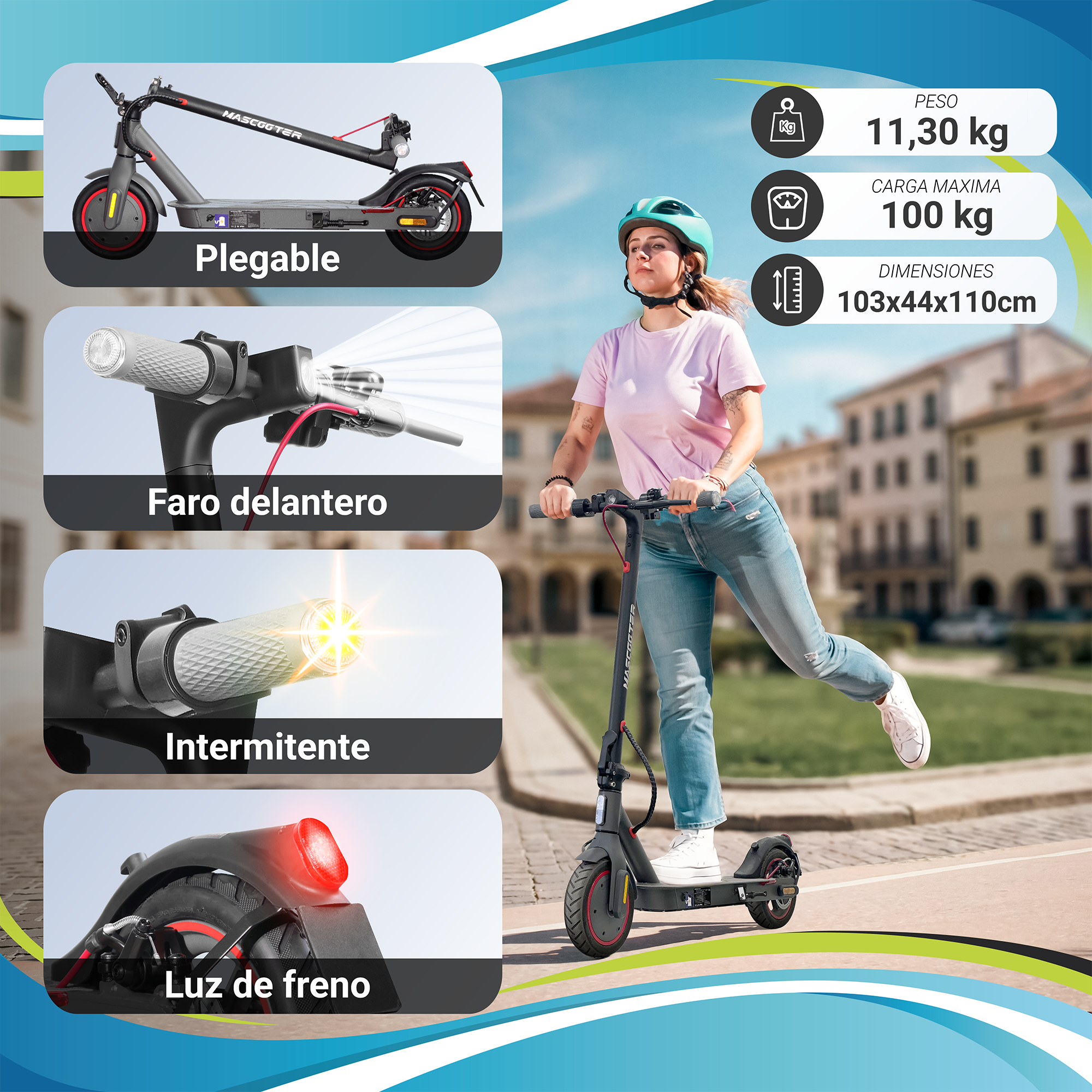 Una mujer monta en patinete eléctrico en una plaza; las imágenes muestran detalles como faros y peso.