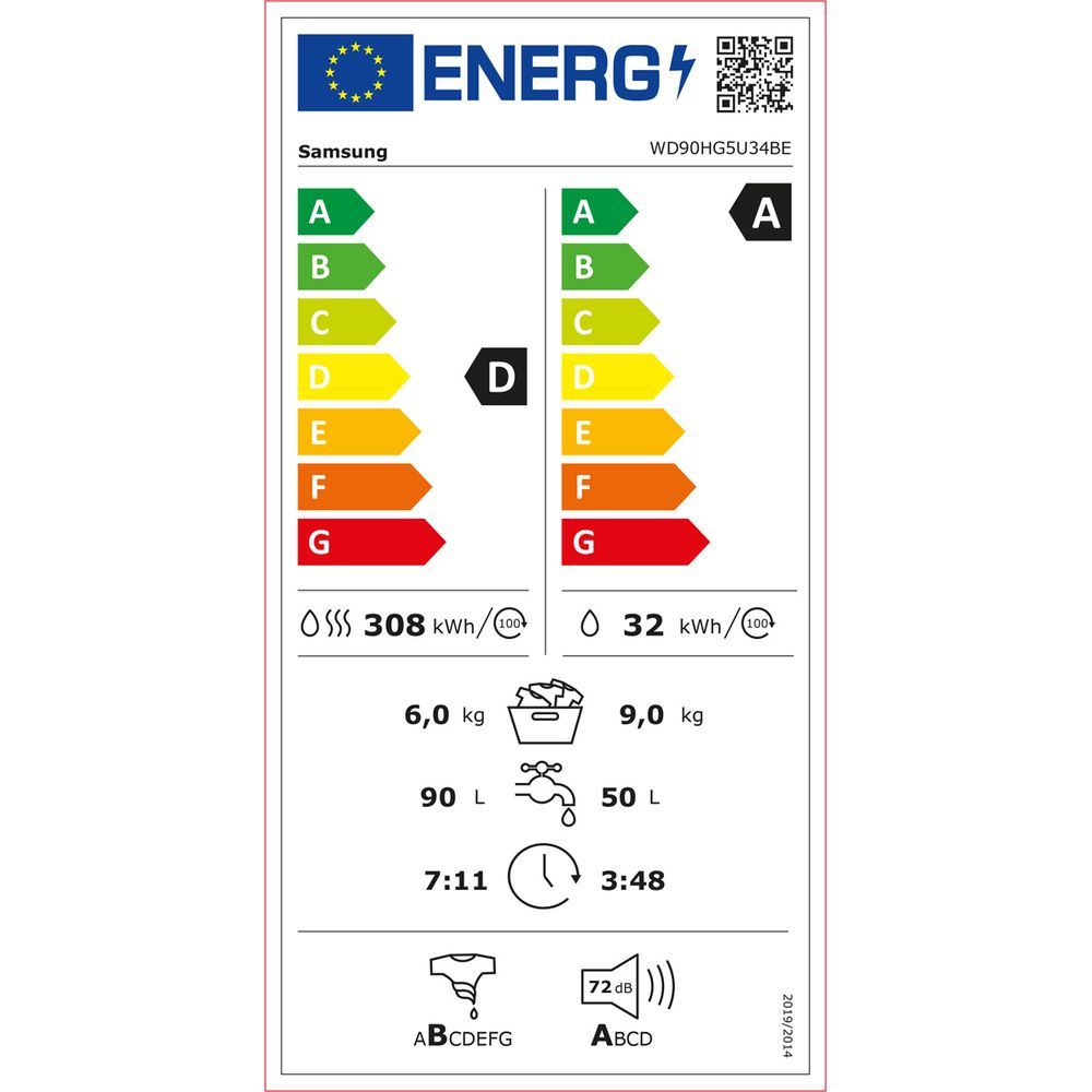 L'etichetta energetica della lavatrice Samsung mostra la classe di efficienza energetica D.