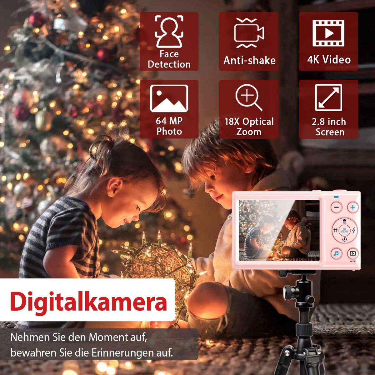 Zwei Kinder spielen vor einem Weihnachtsbaum, hervorgehoben durch Kamerafunktionen.