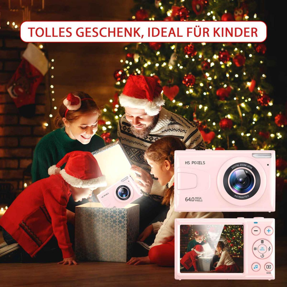 Eine Familie öffnet ein Weihnachtsgeschenk mit einer rosa Digitalkamera, rechts im Detail gezeigt.