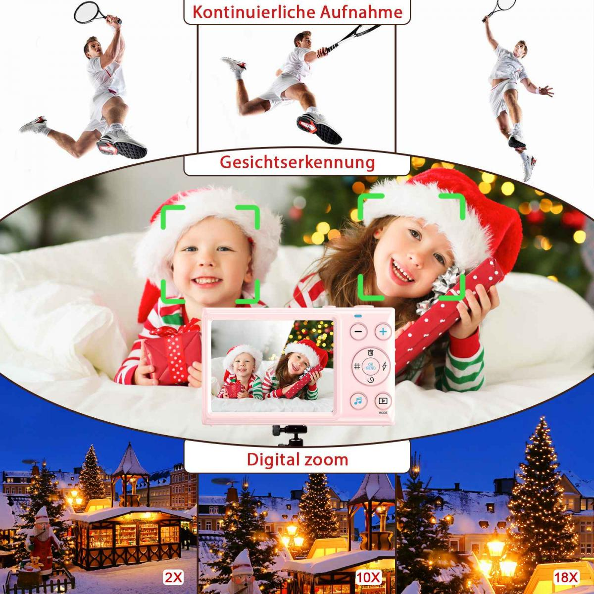 Eine rosafarbene Kinderkamera zeigt Funktionen wie Gesichtserkennung, Serienbilder und Digitalzoom.