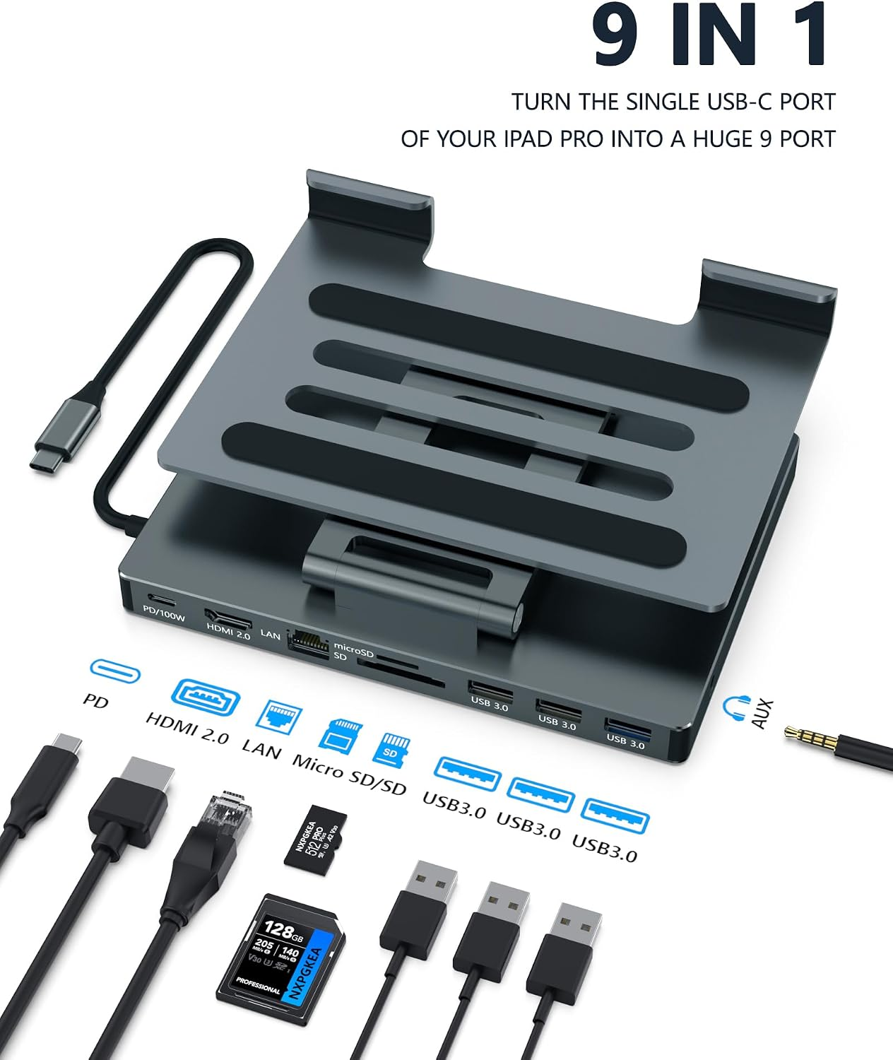 Ein grauer 9-in-1-USB-C-Hub und Tablet-Ständer mit mehreren Anschlüssen, Kabeln und Speicherkarten.