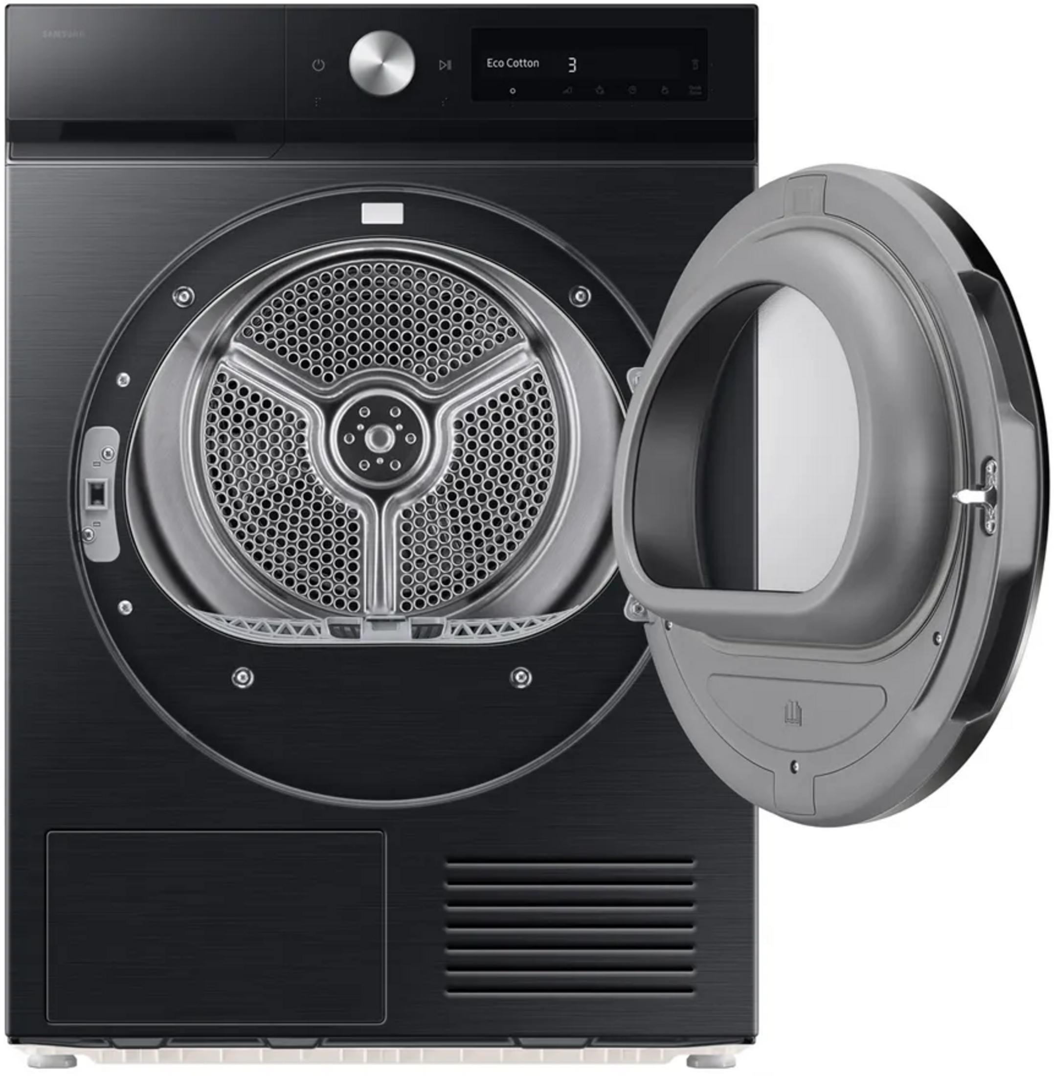 Un séchoir à linge noir avec sa porte ronde grise ouverte, montrant le tambour intérieur.