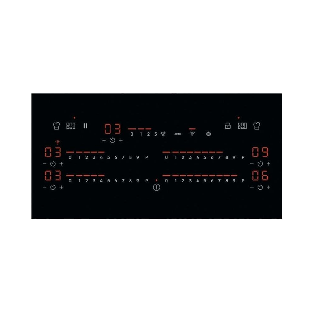 Une plaque à induction noire avec des affichages numériques rouges, des curseurs et divers symboles tactiles.