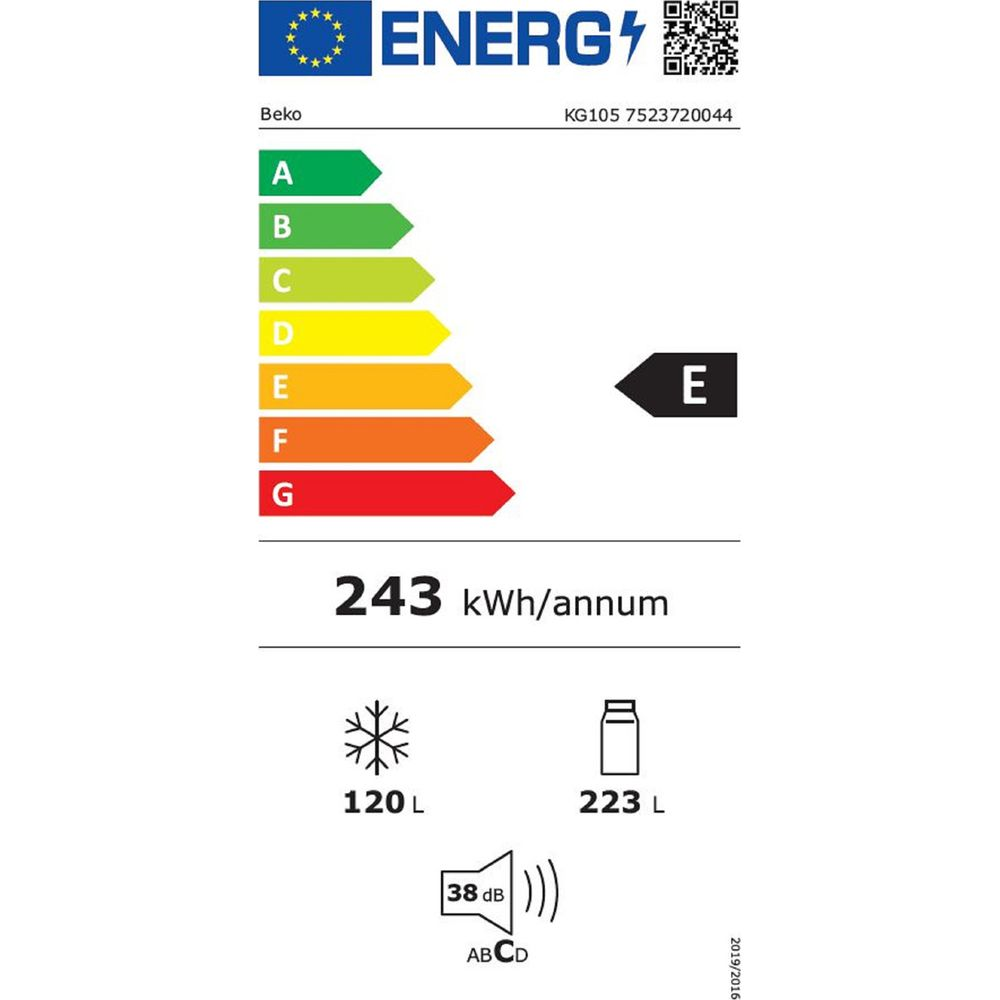 Etichetta energetica Beko classe E, 243 kWh/anno, congelatore 120L, frigo 223L e 38 dB.
