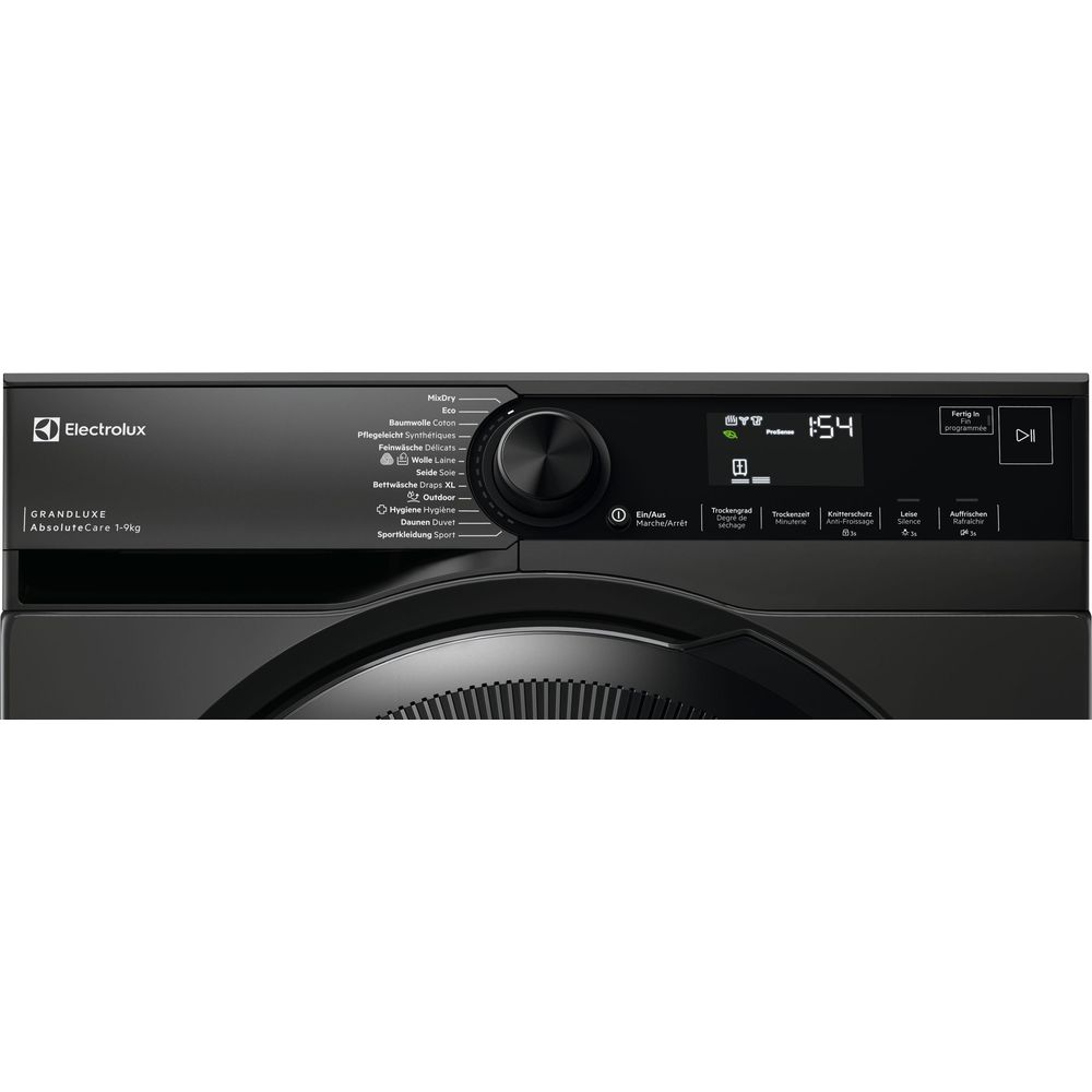 Pannello di controllo nero di un'asciugatrice Electrolux con manopola, display digitale ed elenco in tedesco.