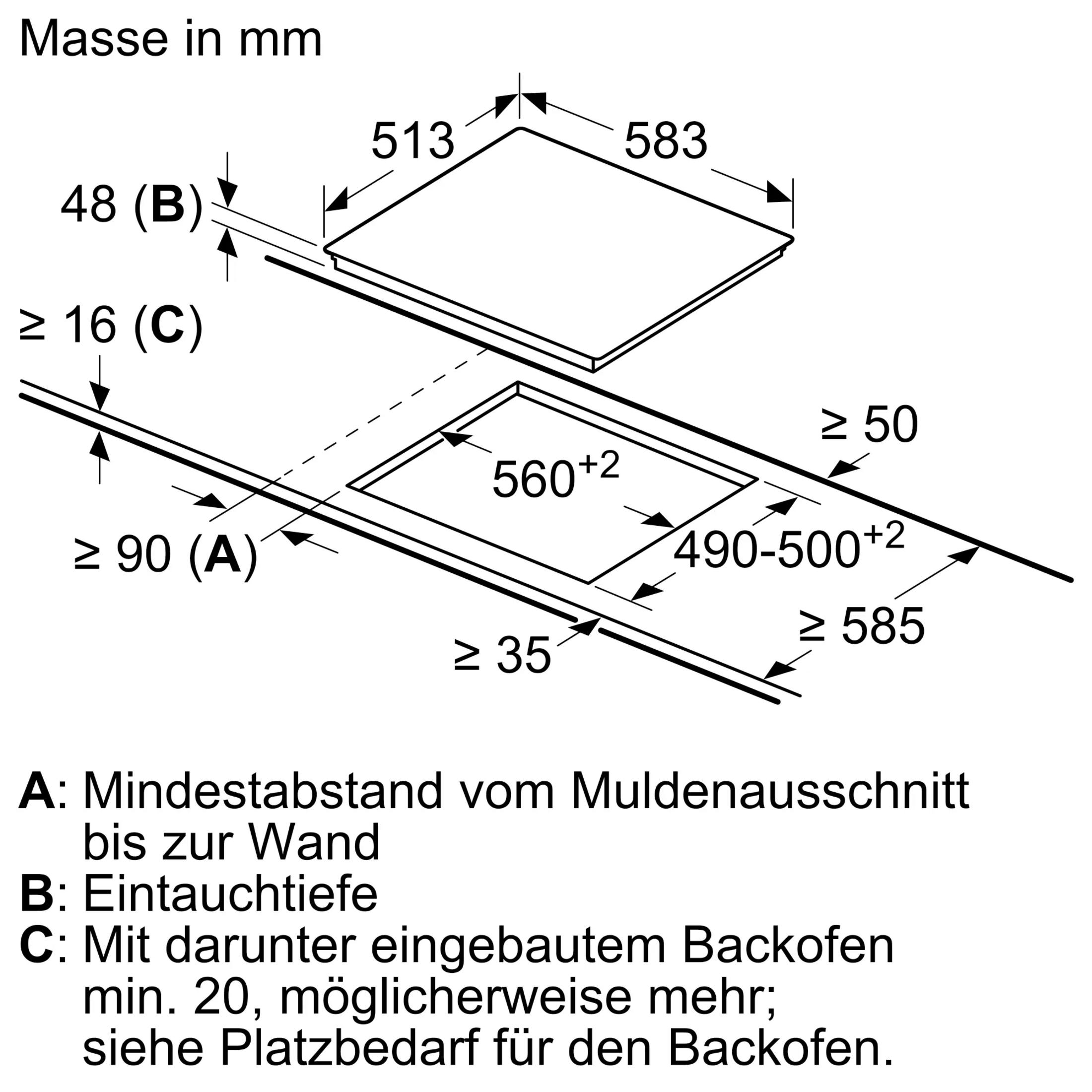 Dessin technique avec les dimensions d'installation d'une plaque de cuisson en millimètres, avec mesures et légende.