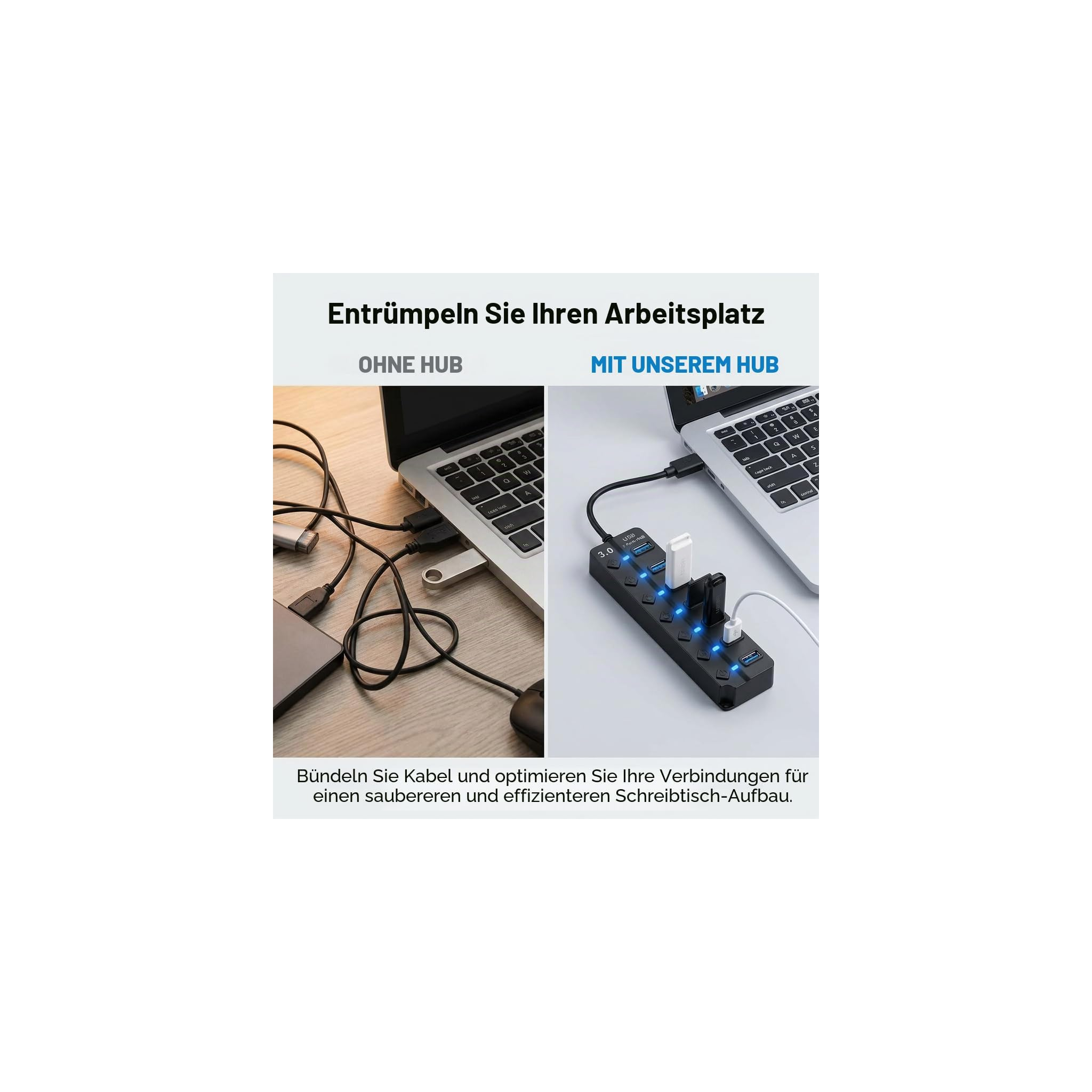 Ein Vergleichsbild zeigt einen chaotischen Laptop-Arbeitsplatz ohne USB-Hub und einen aufgeräumten mit USB-Hub.