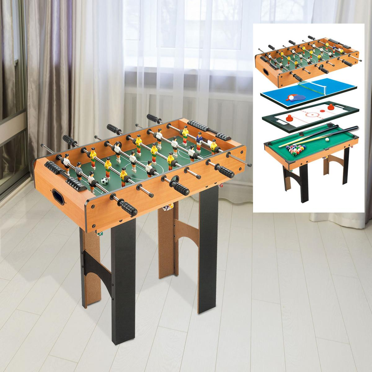 Ein Multifunktionstisch zeigt Tischfußball, Tischtennis, Airhockey und Billard in einer kleinen Ansicht.