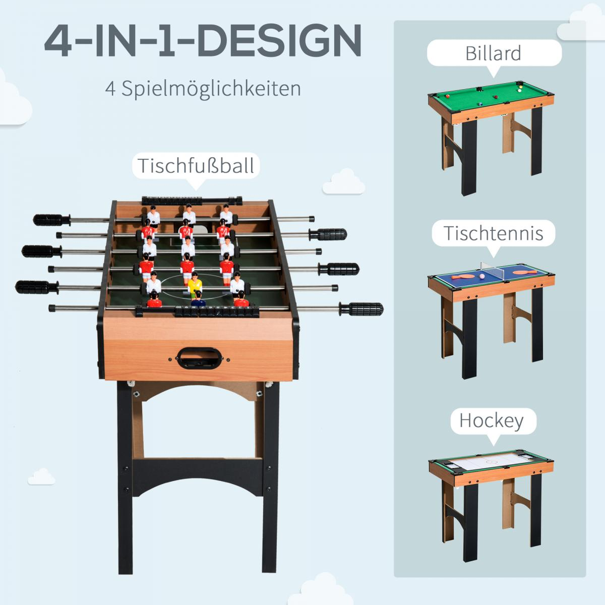 Ein 4-in-1-Spieltisch mit Foosball, Billard, Tischtennis und Hockey.