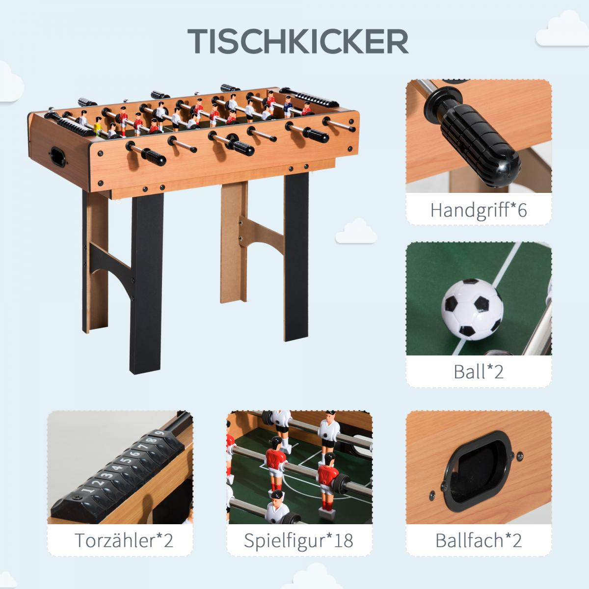 Holzfarbener Tischkicker mit Figuren, Tonzählern und Bällen.
