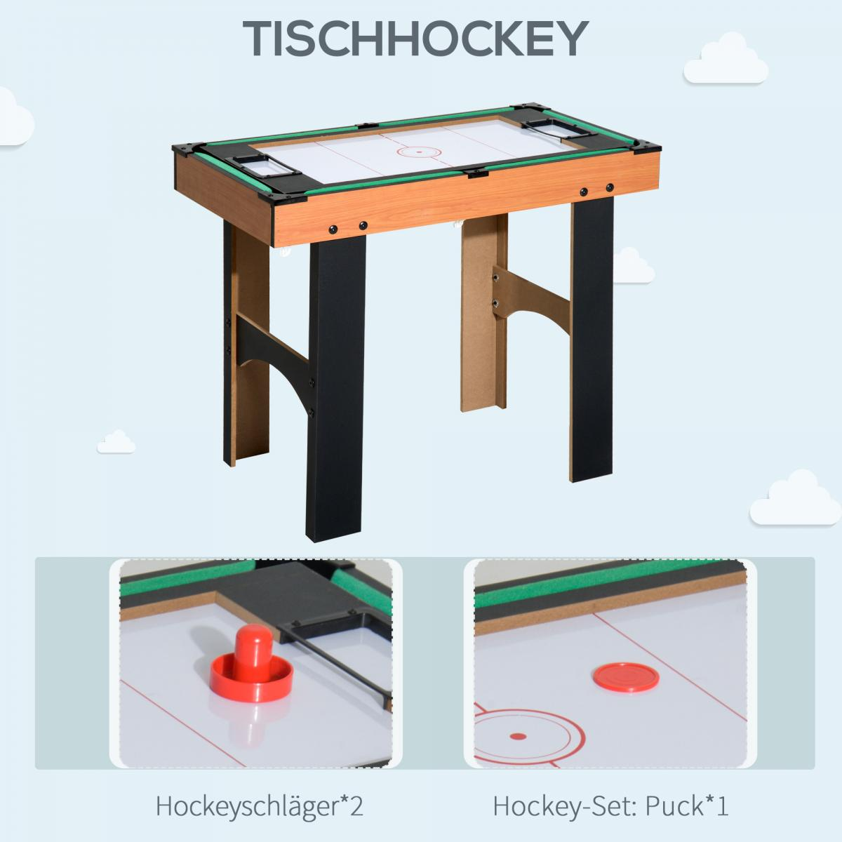 Ein Tischhockeyspiel auf Ständern mit zwei Hockeyschlägern und einem Puck.