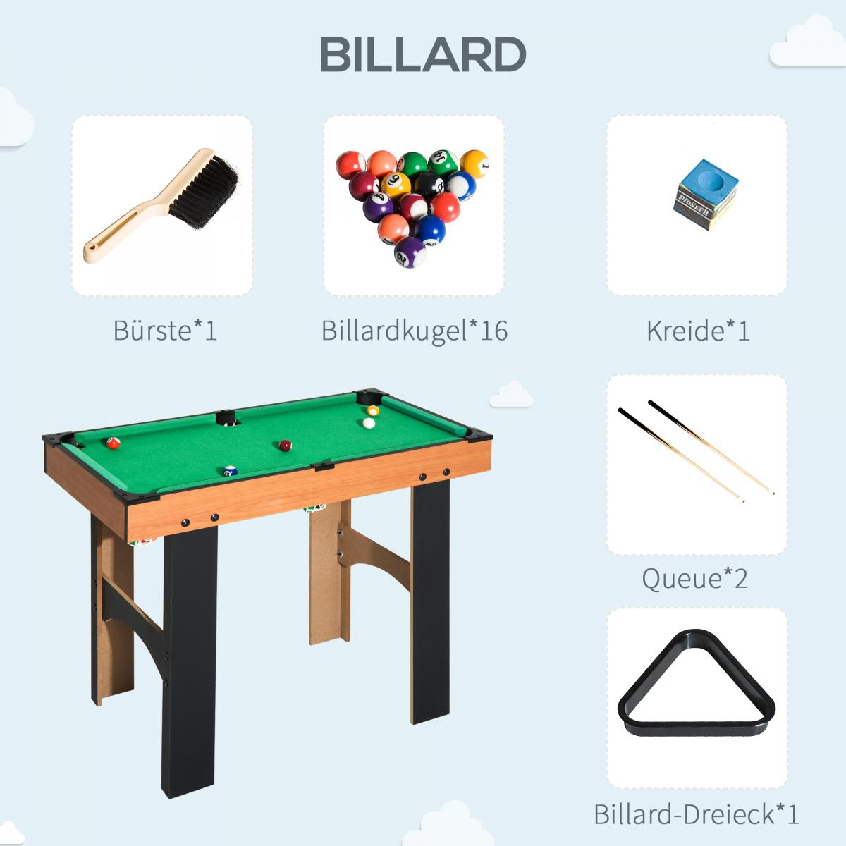 Billiardset mit grünem Tisch, 16 Kugeln, Queues, Bürste, Kreide und Dreieck auf hellem Hintergrund.