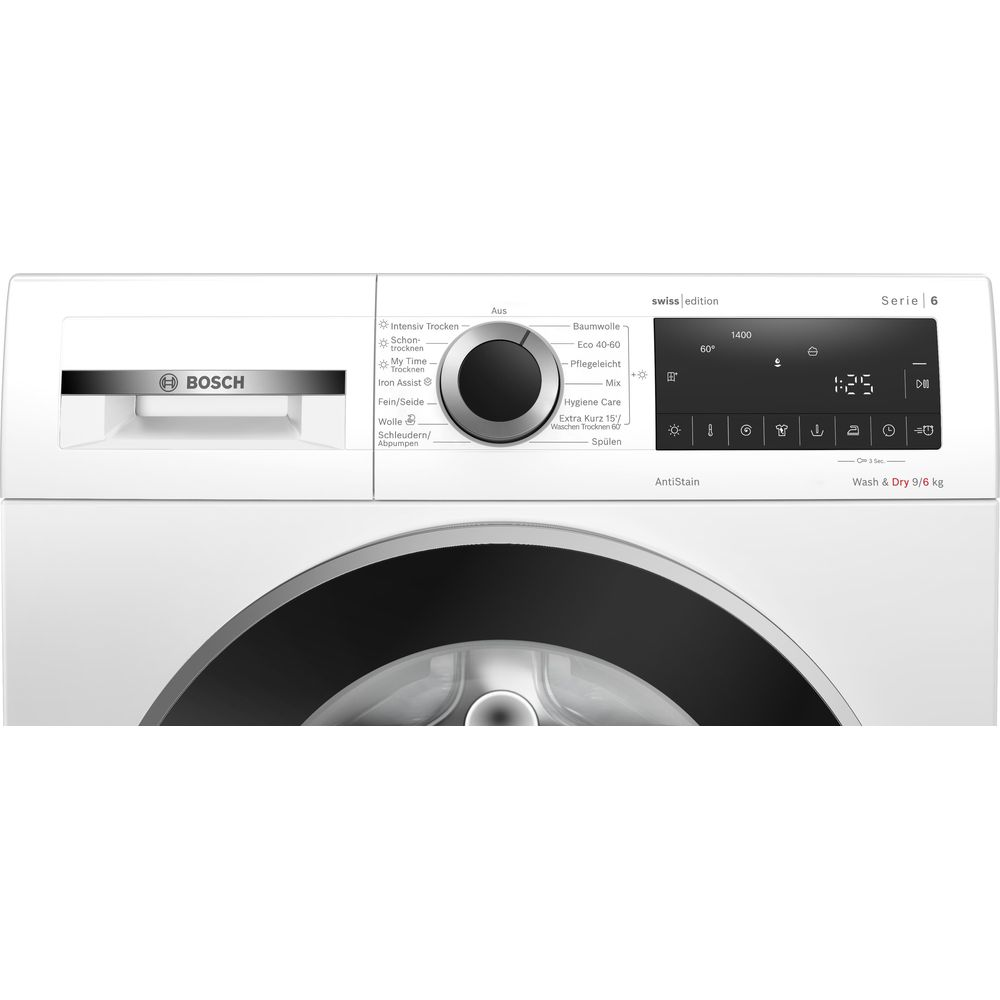 Gros plan sur le panneau de commande supérieur d'un lave-linge blanc Bosch avec bouton rotatif et affichage numérique.