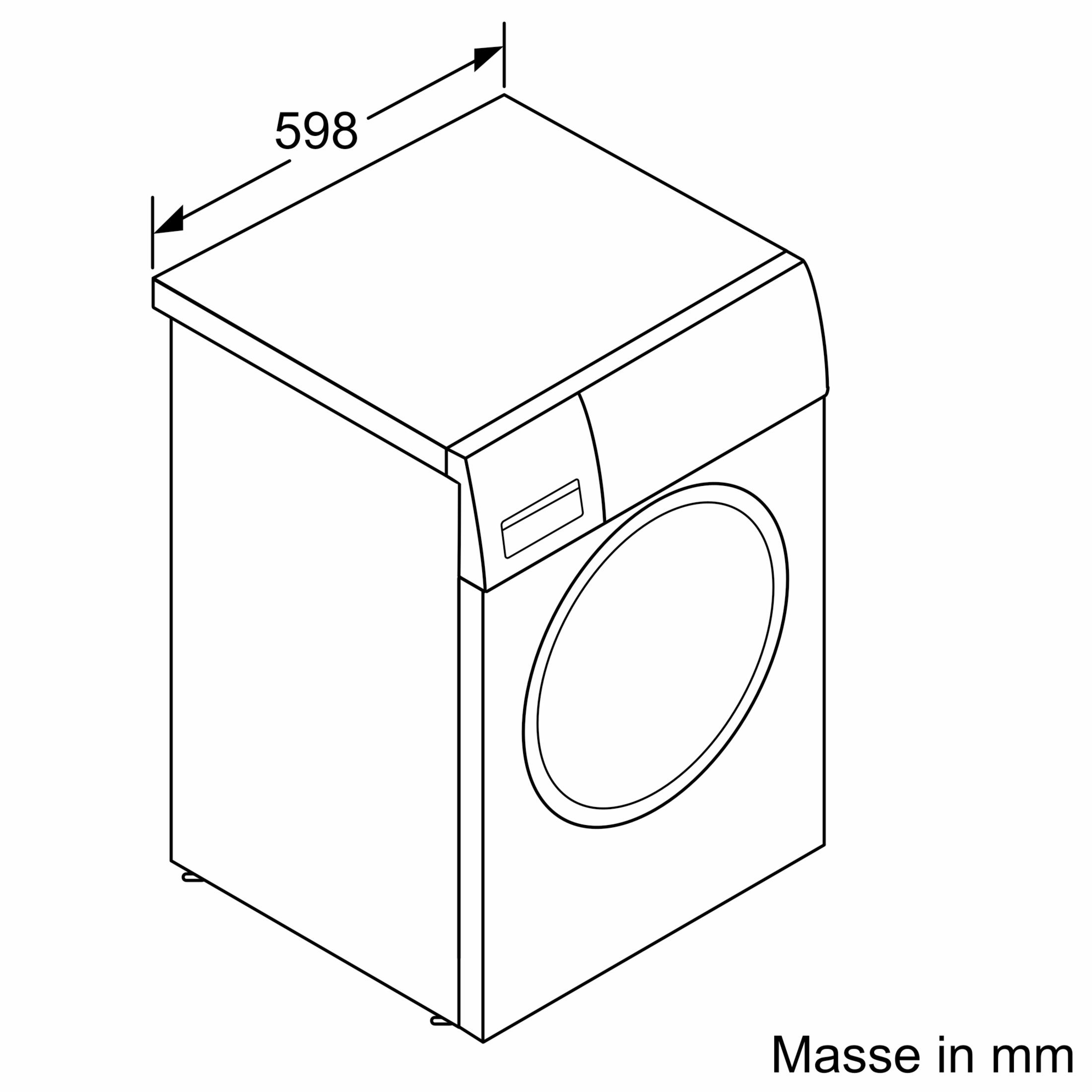 Dessin au trait d'un lave-linge d'une largeur de 598 mm.