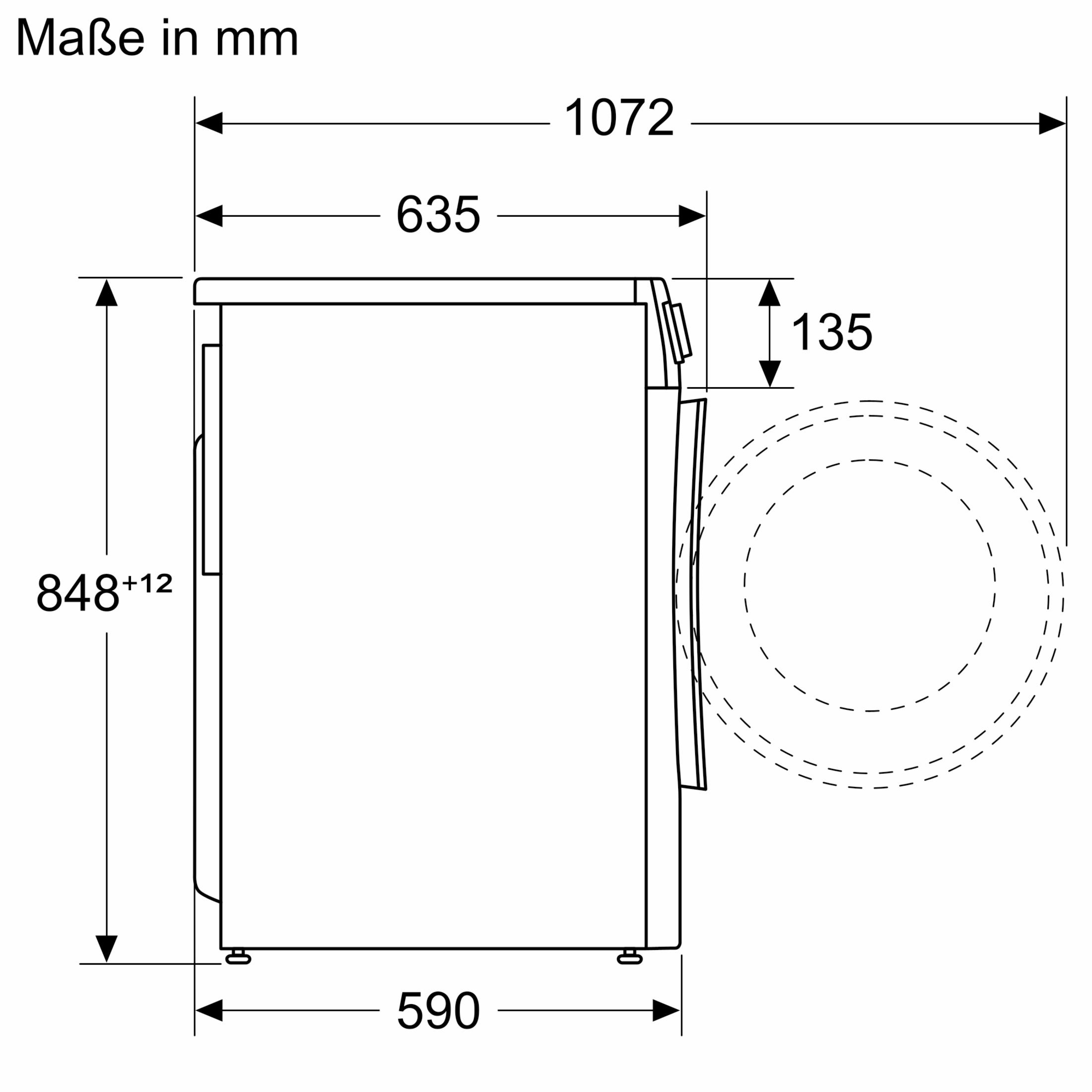 Dessin technique d'un lave-linge avec dimensions en millimètres en vue latérale.
