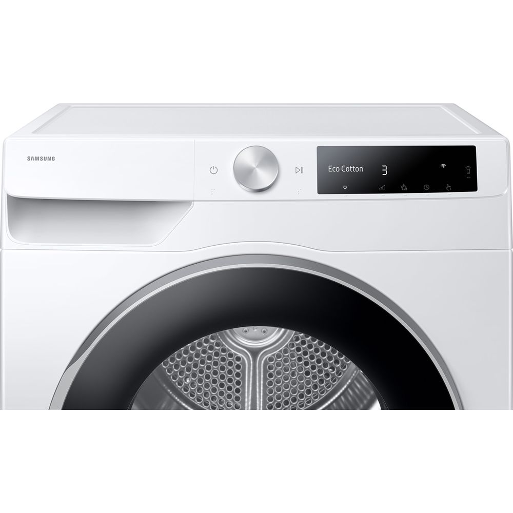 Partie supérieure d'un lave-linge Samsung blanc avec bouton rotatif, écran numérique et tambour.
