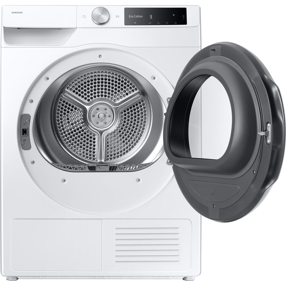Sèche-linge Samsung blanc avec porte gris foncé ouverte, révélant un tambour en acier inoxydable.