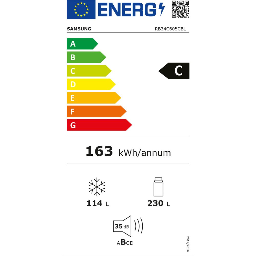 Etichetta energetica Samsung classe C, 163 kWh all'anno, congelatore 114L, frigo 230L, 35 dB.